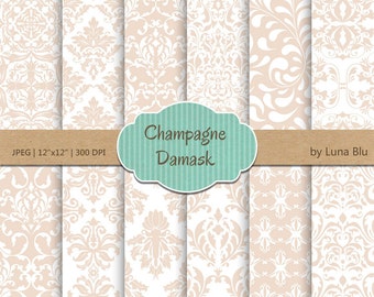 Champagne Digital Paper: "Champagne Damask " ivory, sand, beige, damask digital paper for invitations, cardmaking, scrapbooking