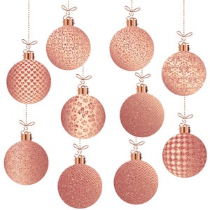 Rose Gold Christmas clipart, rose gold christmas ornaments, rose gold xmas clipart, rose gold christmas balls, glitter christmas graphics