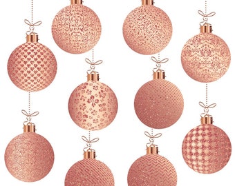 Rose Gold Christmas clipart, rose gold christmas ornaments, rose gold xmas clipart, rose gold christmas balls, glitter christmas graphics