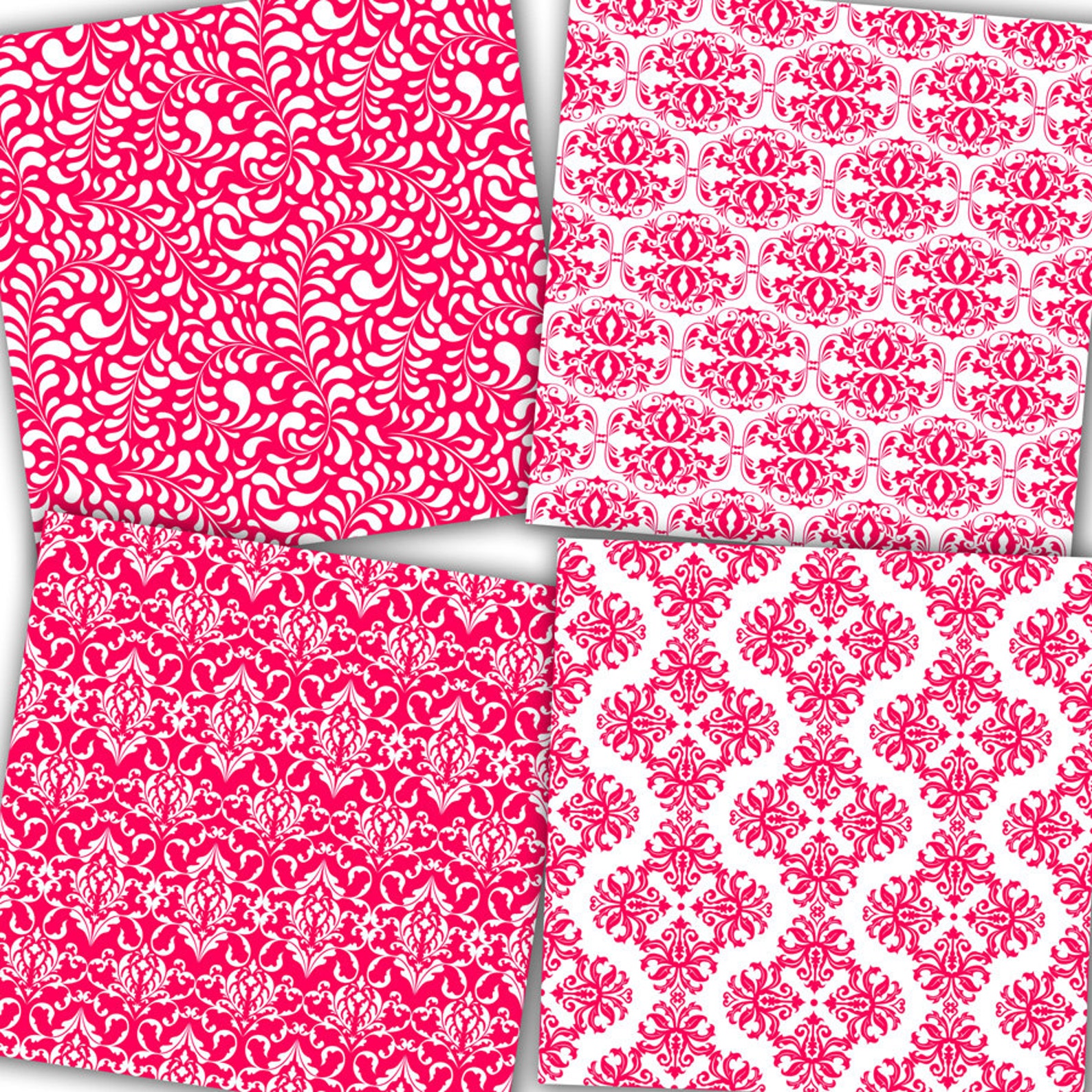 Hot Pink Digital Paper Hot Pink Damask Pink Etsy