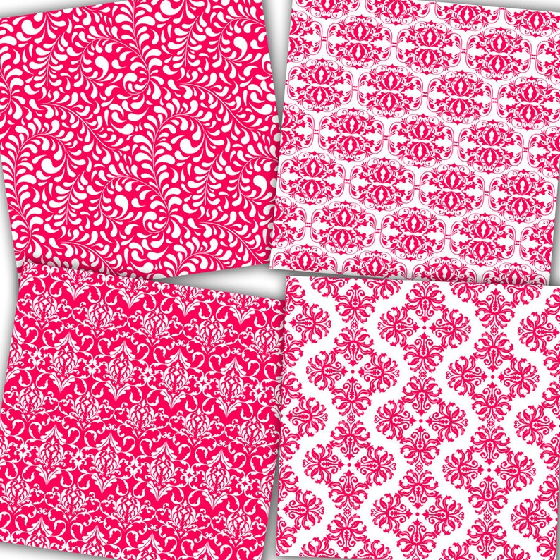 Hot Pink Digital Paper Hot Pink Damask Pink Etsy