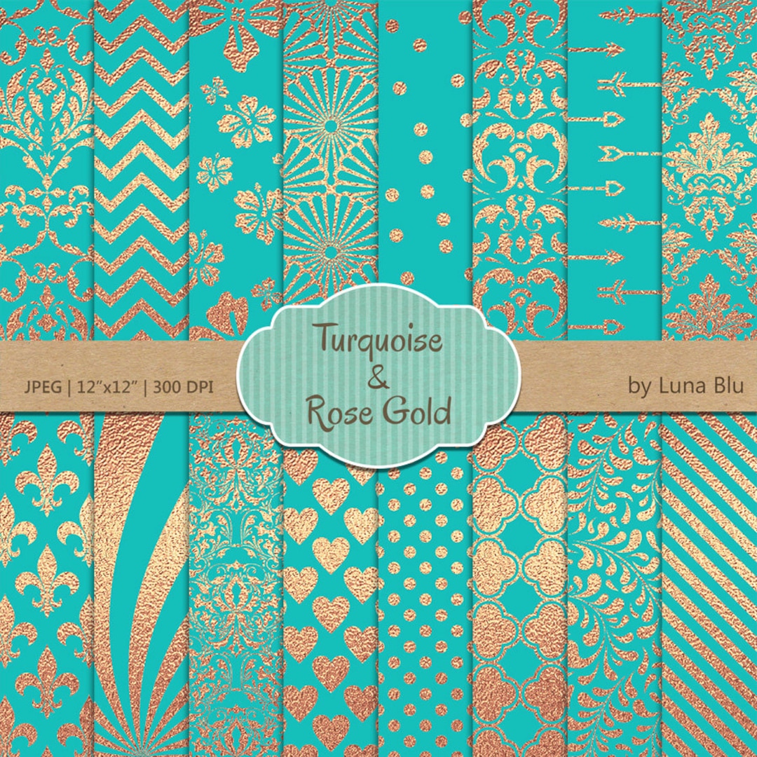 turquoise-and-rose-gold-digital-paper-turquoise-and-rose-gold-foil-patterns-turquoise-and-rose-gold-scrapbook-paper-rose-gold-foil-etsy