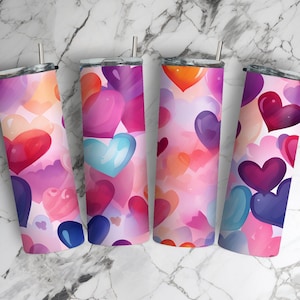 Valentine Tumbler Wrap, 3D Watercolor Hearts Seamless Pattern, Digital PNG Download, Sublimation Tumbler Wrap Design