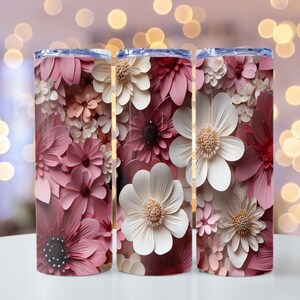 3D Seamless Pink White Flowers Tumbler Wrap 20 oz Skinny Tumbler Sublimation Design Digital Download PNG Instant Digital Download
