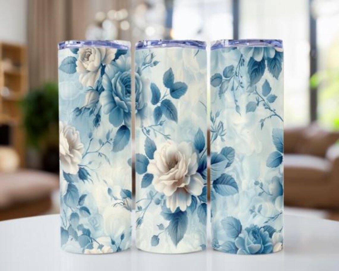 Blue Floral 20oz Skinny Tumbler Wrap | Porcelain Rose Design | Digital ...