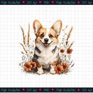 Corgi PNG Digital Download, Dog PNG for Sublimation, Cute Corgi with Flowers Digital Design for Dog Mom, Corgi Lover