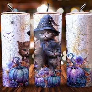 Halloween Cat Tumbler Wrap Digital Art: Witchy Kitten Sublimation Design, 20oz Skinny Seamless PNG Download, Crimson Pumpkins