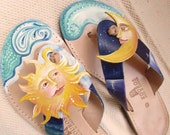 Sun and moon sandals, Hand painted leather sandals, Flat shoes, Greek leather sandals, Unique sandals