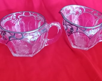 Silver Overlay Vintage Open Sugar and Creamer Lilies of the Valley Pattern Cut Glass
