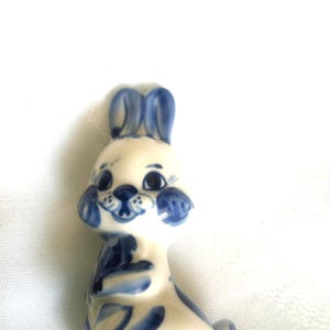 Russian Gzhel Blue and White Rabbit Porcelain Figurine