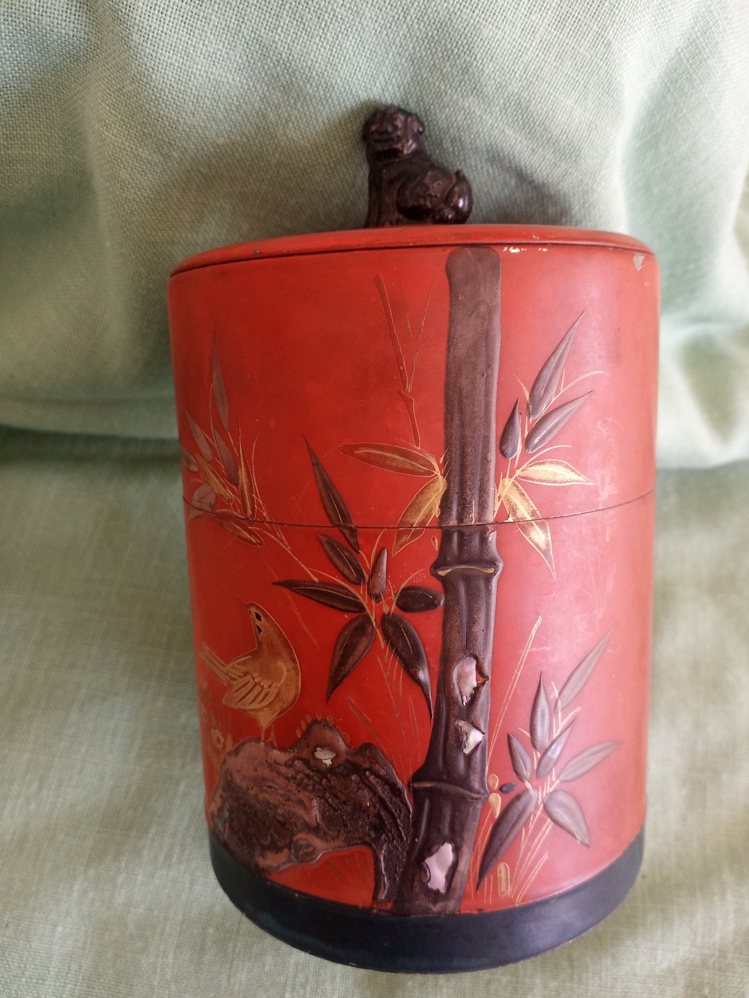 Japanese Vintage 3 Part Humidor Inlaid Nacre Hand Painted Etsy