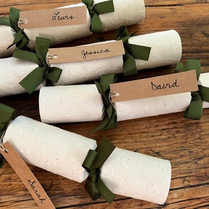 Small Personalised Christmas Crackers - Embossed Hearts with Moss Green Grosgrain Ribbon