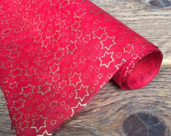 Gold Stars Handmade Lokta Wrapping Paper/ Gift Wrap - Red & Gold