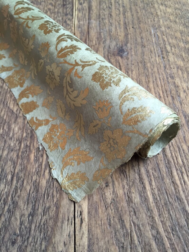 Handmade Floral Gift Wrap Lokta Paper Sage Green & Gold. Etsy