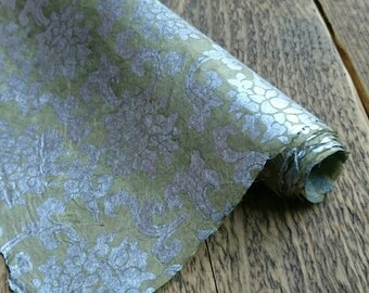 Tibetan Lotus Gift Wrap. Handmade Lokta Paper. Pale Green & Silver. 75 x 50cm.