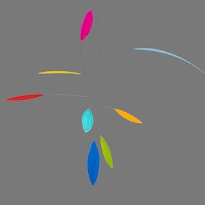 May include: A colorful mobile with seven teardrop-shaped pieces of paper in various colors, including red, yellow, blue, green, and pink. The mobile is suspended from a thin wire and hangs from the ceiling.
