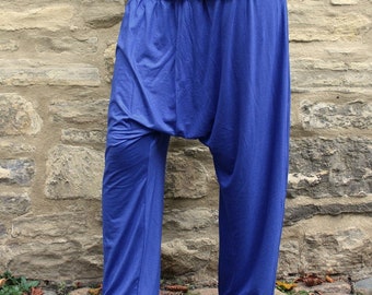 Yogahose, blaue Jersey Pluderhose lang