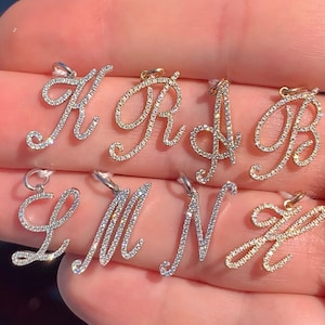 Script Diamond Initial Pendants Personalized Cursive Alphabet Letters Necklace Pave Set Diamonds 14K White Gold, Yellow Gold, Rose Gold