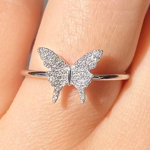 0.15CT Diamond Butterfly Cluster Pave Set Diamonds Right Hand Ring Band Anniversary Bands Stackable Rings 14K White Yellow Rose Gold
