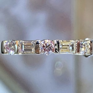 0.75CT Diamond 2 Baguette 3 Round Brilliant Wedding Band Anniversary Ring Bands 1/2 Eternity Rings Platinum 18K 14K White Yellow Rose Gold