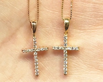0.12CT Diamond Cross Shape Prong Necklace Pendant Round Brilliant Diamonds Style 14K White Yellow Rose Gold