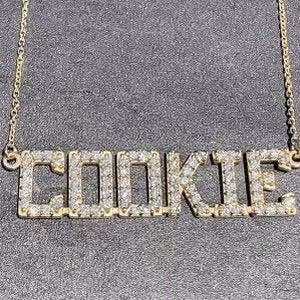 Diamond Block Name Plate Customizable Necklace Initials Pendant Alphabet Solid Gold 14K White Gold, Yellow Gold, Rose Gold