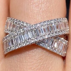 2.25CT Diamond Crossover X Ring Baguette Round Brilliant Diamonds Crisscross Style Band Rings Platinum 18K 14K White Rose Yellow Gold