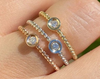 0.05-1.00CT Diamond Bezel Set Round Brilliant Cut Thin Dainty Engagement Rings Braided Twisted Bands Platinum 18K 14K White Yellow Rose Gold