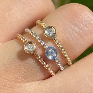 0.05-1.00CT Diamond Bezel Set Round Brilliant Cut Thin Dainty Engagement Rings Braided Twisted Bands Platinum 18K 14K White Yellow Rose Gold