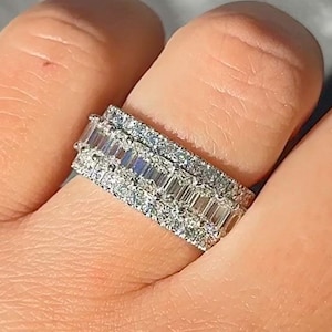 3.35CT Emerald Cut Diamond Round Brilliant 3 Row Half Eternity Band Wedding Bands Anniversary Ring Platinum 18K 14K White Yellow Rose Gold