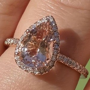 1.50-2.00CT 9x7mm Morganite Gemstone Ring Pear Halo Under Halo Diamond Engagement Anniversary Rings Platinum 18K 14K White Yellow Rose Gold