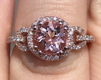 Morganite Gemstone Ring Round Halo Art Deco Antique Style Engagement Ring Diamond Band Rings Platinum, 18K, 14K White, Yellow, Rose Gold