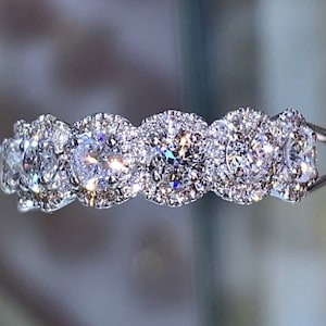 1.25CT Diamond 7 Stone Round Halo Rings Wedding Band Art Deco Bands 1/2 Eternity Anniversary Ring Platinum 18K 14K White Yellow Rose Gold
