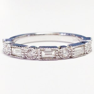 0.50CT Diamond Baguette Cut Round Shape Bezel Set Art Deco Wedding Bands Stackable Anniversary Rings Platinum 18K 14K White Yellow Rose Gold