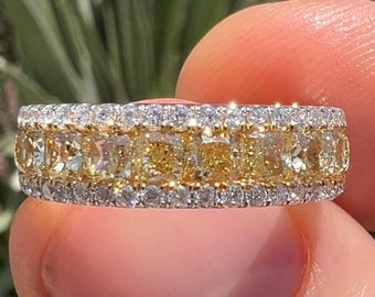 2.25 Carat Fancy Yellow Cushion Shape Natural Diamond , Yellow and White Diamonds Three Row Band 18K Gold Band