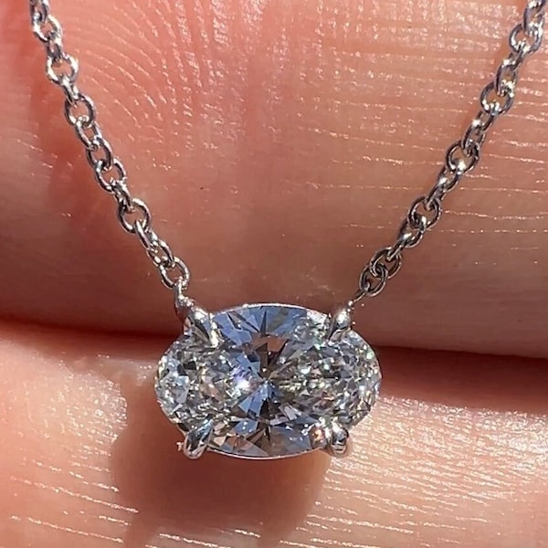 Lab Grown Oval Cut Diamond East - West Solitaire Necklace Prong Set Pendant 1 - 1.50 - 2 - 2.50 - 3 Carat 14K White Yellow Rose Gold