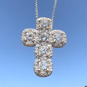 4.00CT Diamond Cross 6 Round Brilliant Cut Diamonds Cushion Halo Shape Stones Necklace Pendant Platinum 18K 14K White Yellow Rose Gold
