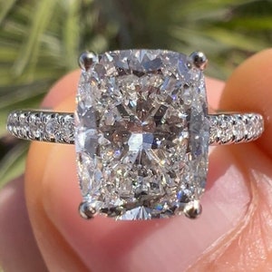 2 Carat Elongated Cushion Diamond Engagement Ring Solitaire Ring 14K White Rose Yellow Gold Cassidy Ring Hidden Halo Lab Diamond Under Halo
