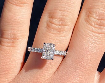 1.25CT Diamond Radiant Cut Shape Under Hidden Halo Diamonds Prong Solitaire Engagement Ring Rings Platinum 18K 14K White Rose Yellow Gold