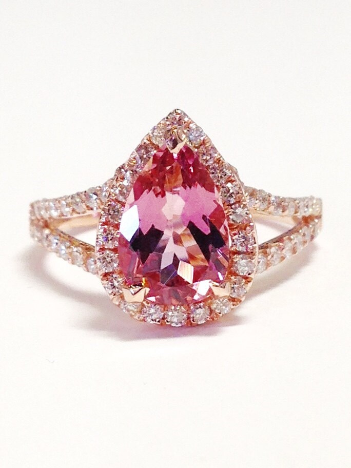 Pink Tourmaline and Diamond Halo Engagement Solid 14K Rose Gold (14KR) Colored Stone Wedding Ring