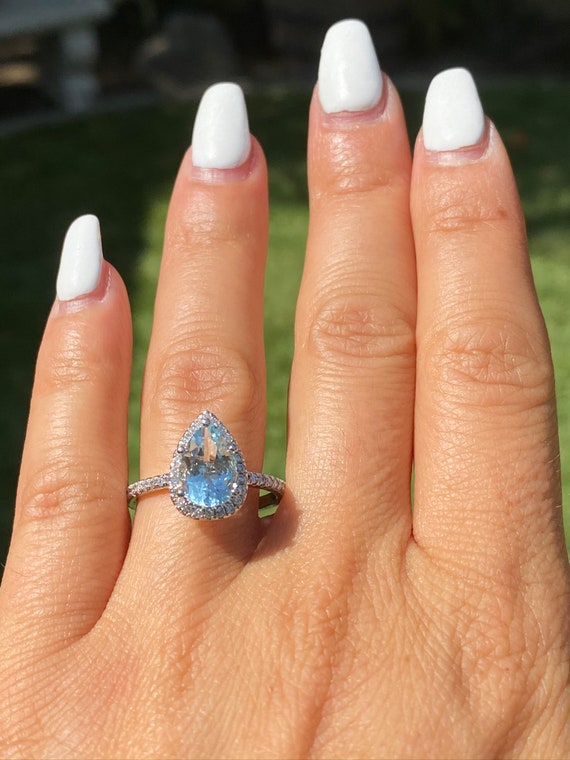 1.50-2.00CT 9x7mm Aquamarine Gemstone Ring Pear Halo Under Halo