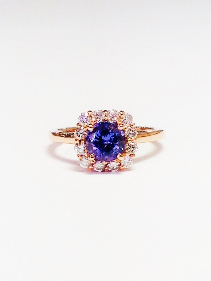 Tanzanite Gemstone Ring Cushion Halo Art Deco Diamond