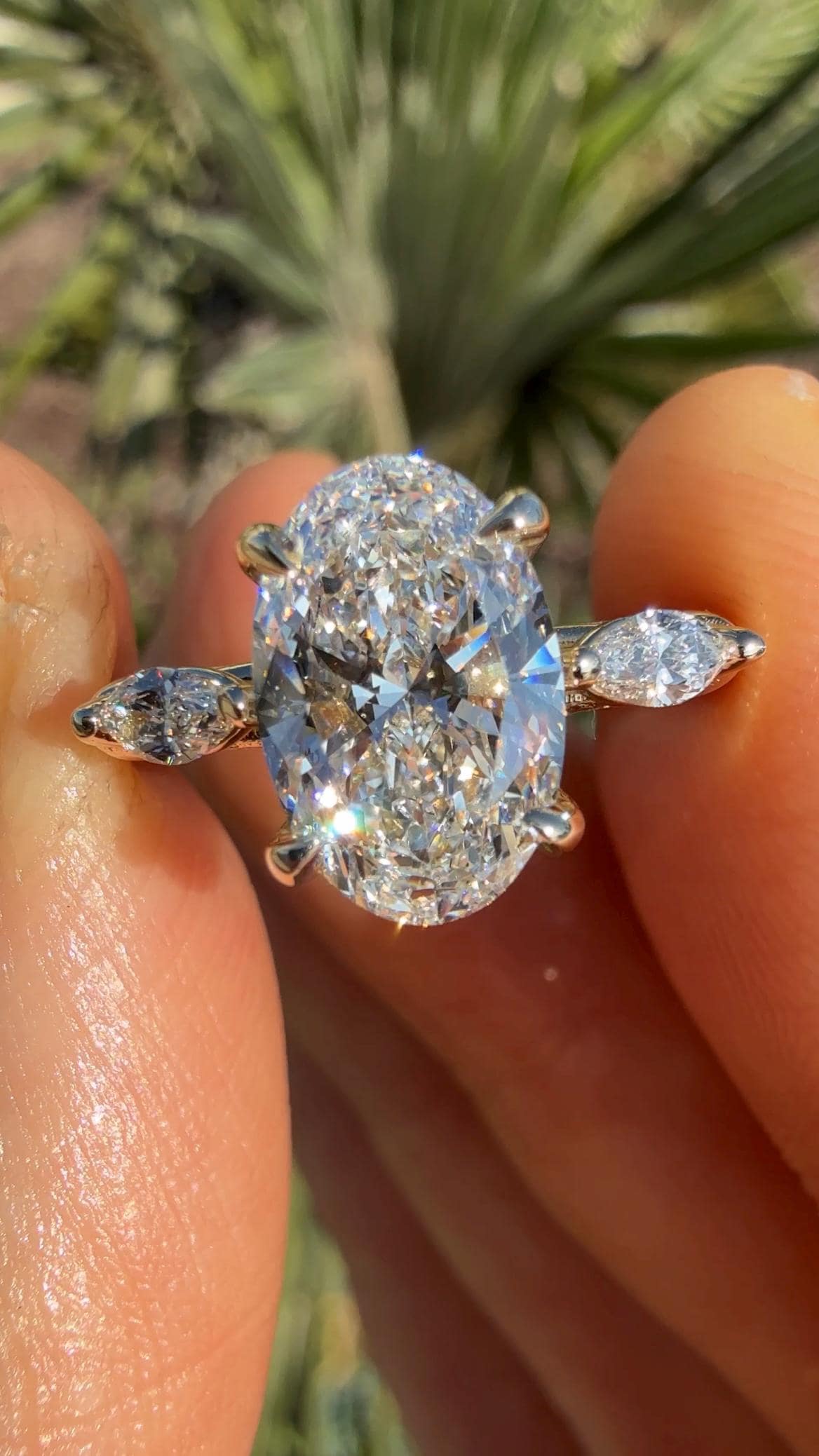 The Omega Ring 2 Carat Oval Diamond Engagement Ring with Marquise Side Diamonds 14K Yellow Gold White Gold Lab Diamond Three Stone