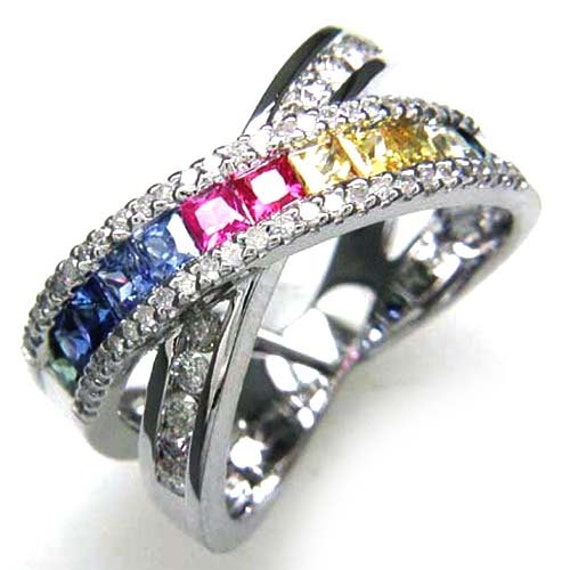 Multicolored Sapphire and Diamonds Crisscross Style Color Stone Rings  Platinum, 18K, 14K White Gold, Yellow Gold, Rose Gold -  Canada