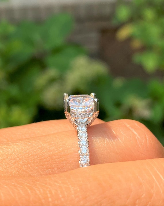 2.00CT Diamond Cushion Cut Under Hidden Halo Prong Diamonds Solitaire Engagement Ring Wedding Band Platinum 18K 14K White Rose Yellow Gold Etsy UK