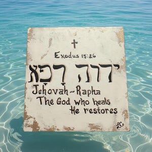May include: A square off-white sign with distressed gold edges featuring a black cross, the text Exodus 15:26, Hebrew characters, and the words Jehovah-Rapha The God who heals He restores. The sign includes the initials LC in the bottom corner.