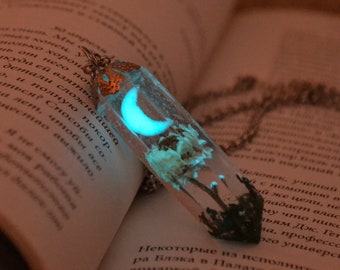 Glowing moon and flower necklace, crystal point necklace
