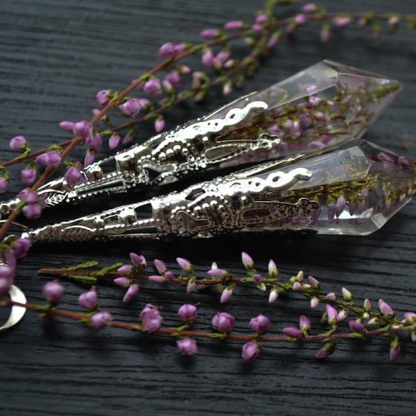 Heather crystal earrings, dangle earrings, real flower earrings, elven Jewelry