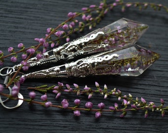 Heather crystal earrings, dangle earrings, real flower earrings, elven Jewelry