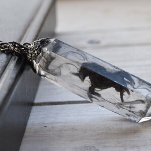 Pode incluir: Um colar de corrente prateada com um pingente de cristal transparente que contém uma silhueta preta de um unicórnio. O pingente tem a forma de um cristal longo e pontudo.